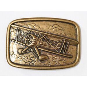 AVON WWI World War Bi-Plane Aviation Vintage Brass Belt Buckle - 3-5/8" x 2-1/2"